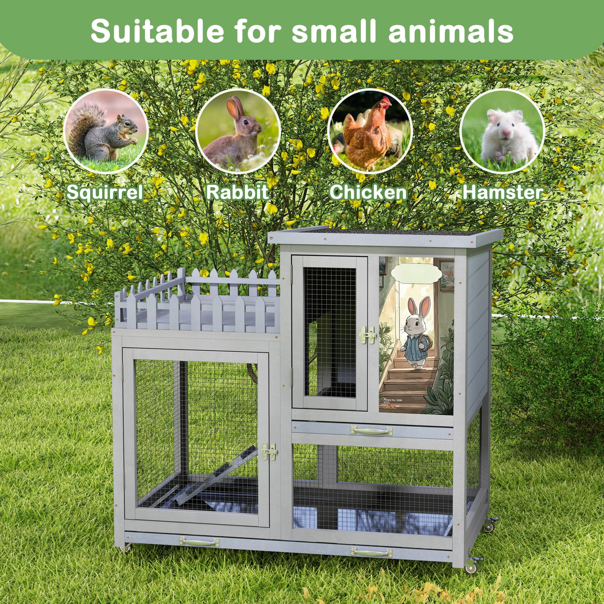 Wooden rabbit cage with balcony, rabbit cage with wheels, suitable for indoor and outdoor use, includes rabbit cage, removable tray, gray with pattern