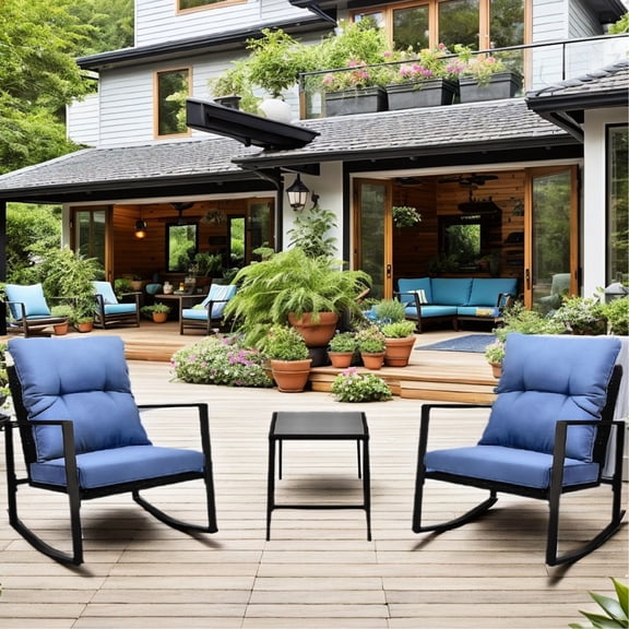 Modern Outdoor Bistro - 3 Pieces With Blue Cushions For Lawn, Garden, Poolside Furniture Assembly 2 Patio Powder-coated Steel & Pe