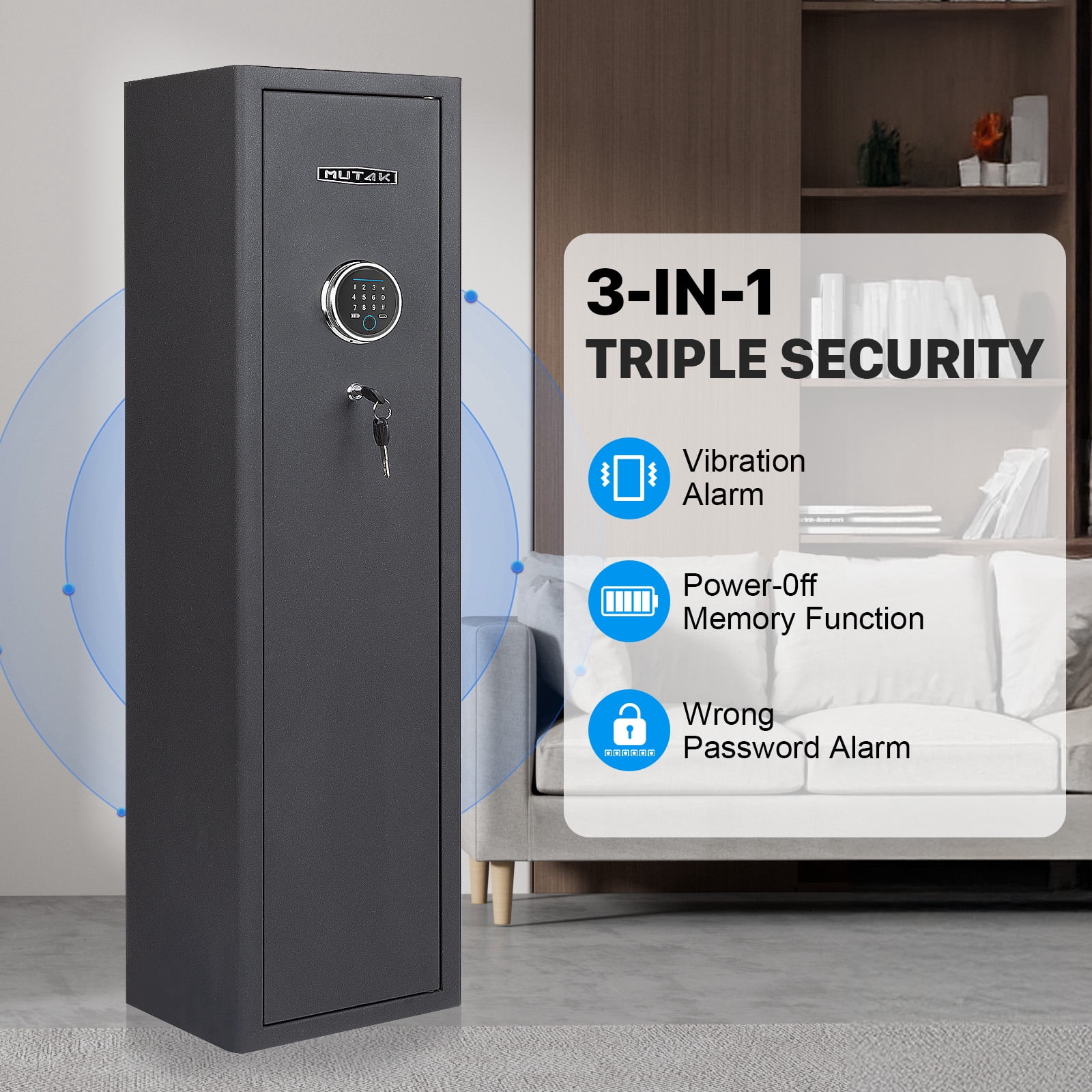 Mutak 4-5 Compact Fireproof  Safes, Quick Access Fingerprint Gun Safe, Cabinet with Keypad & Mute Mode, Long Gun Safe with Adjustable Gun Support, Removable Shelf