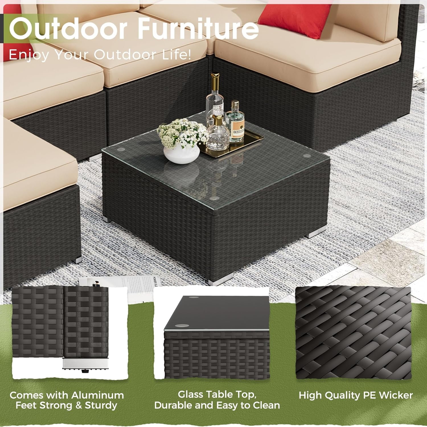 SOLAURA 7-Piece Outdoor Patio Furniture Set Black Wicker Rattan Sectional Sofa, Brown