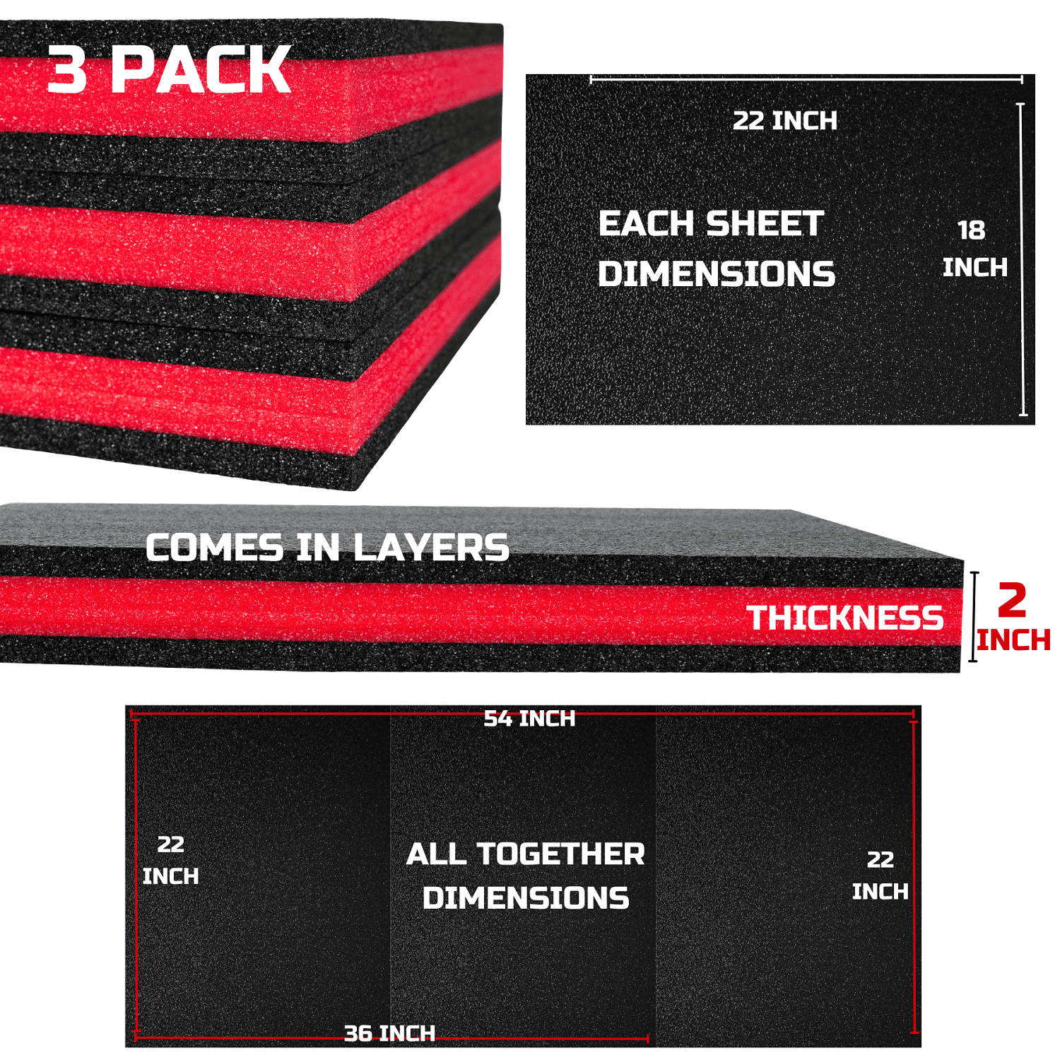 ONREVA Tool Box Foam 3Pack 22x18x2 inch, Foam Inserts for Cases, Polyethylene Tool Foam Sheets, Drawer Liner Foam, Toolbox Kaizen Organizer and Storage Tool Shadow C55