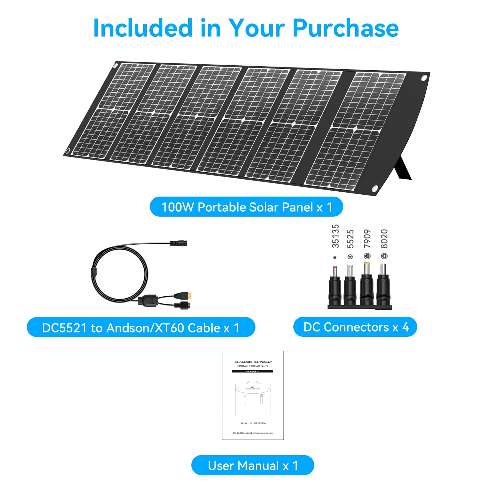 Ecosonique 100W Portable Foldable Solar Panels Charger Fast Charging with USB-C PD3.0 USB-A QC3.0 DC 20V Lightweight with Kickstand for Camping Power Station Solar Generators Cell Phones Power Banks