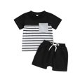 thumbnail image 1 of ZAXARRA Vêtements pour Garçons Tout-Petits, Hauts à Manches Courtes Col Rond Rayé Pantalons Courts à Cordon Tenues Décontractées, 1 of 9