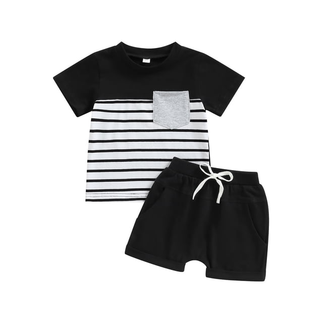 ZAXARRA Vêtements pour Garçons Tout-Petits, Hauts à Manches Courtes Col Rond Rayé Pantalons Courts à Cordon Tenues Décontractées