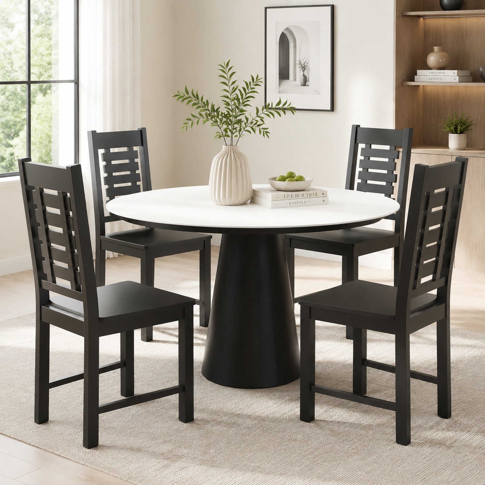 Furnibear Wooden Dining Chairs Set of 2 Solid Rubber Wood Kitchen Chairs with Curved Backrest for Kitchen and Dining Room, Black