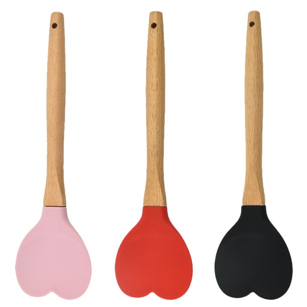 3 espátulas de silicona con forma de corazón y mango de madera para utensilios de cocina antiadherentes, para hornear, cocinar, mezclar, raspar y remover