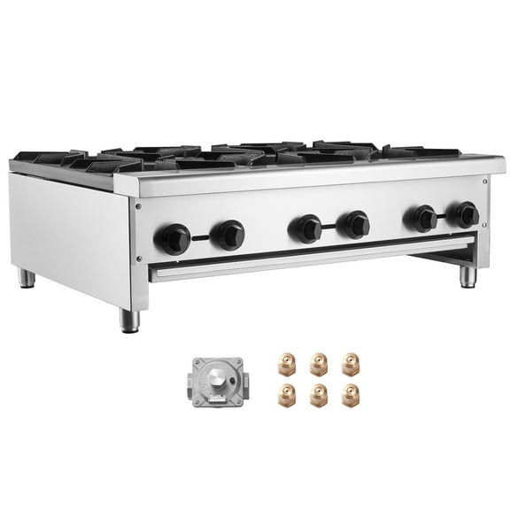 KFFKFF Commercial Gas Stove with 6 Burners, Compatible with Propane and Natural Gas, Stainless Steel Countertop Cooking Range, Ideal for Restaurant Use, 168,000 BTU