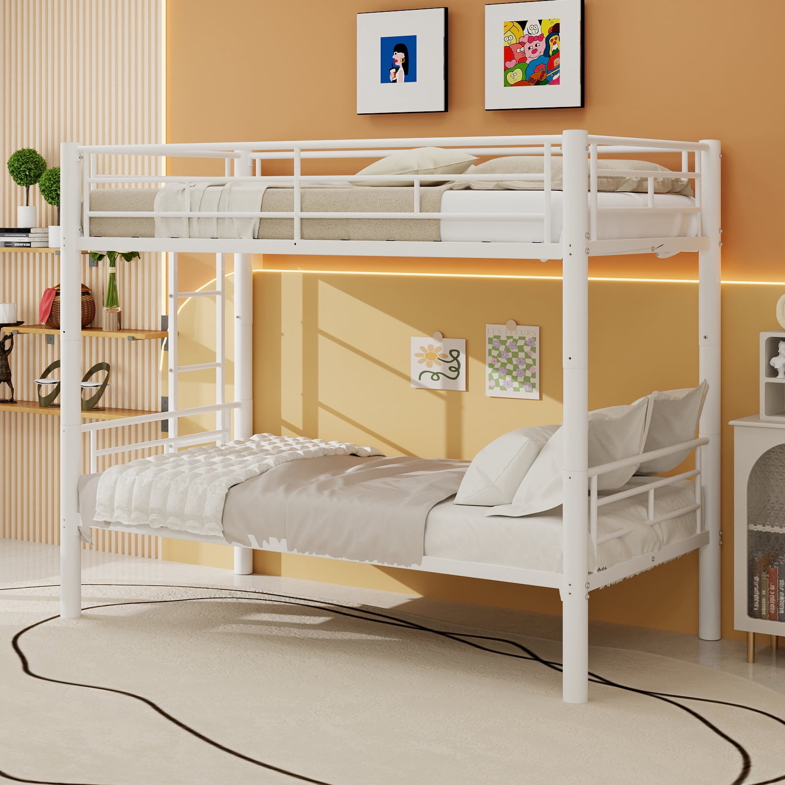 Twin Over Twin Metal Bunk Bed for Kids Boys Girls,Metal Structure Bedframe with Ladders & Guardrail,Convertible 2 Beds,White