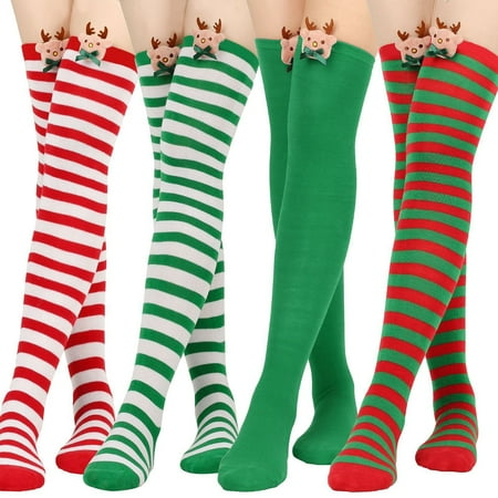 

1 Pair Knee Socks Extra-Long Super Soft Breathable Stretchy Stripe Pattern Decorative Polyester Cotton Girls Christmas Long Thigh High Socks Gift for Home Red