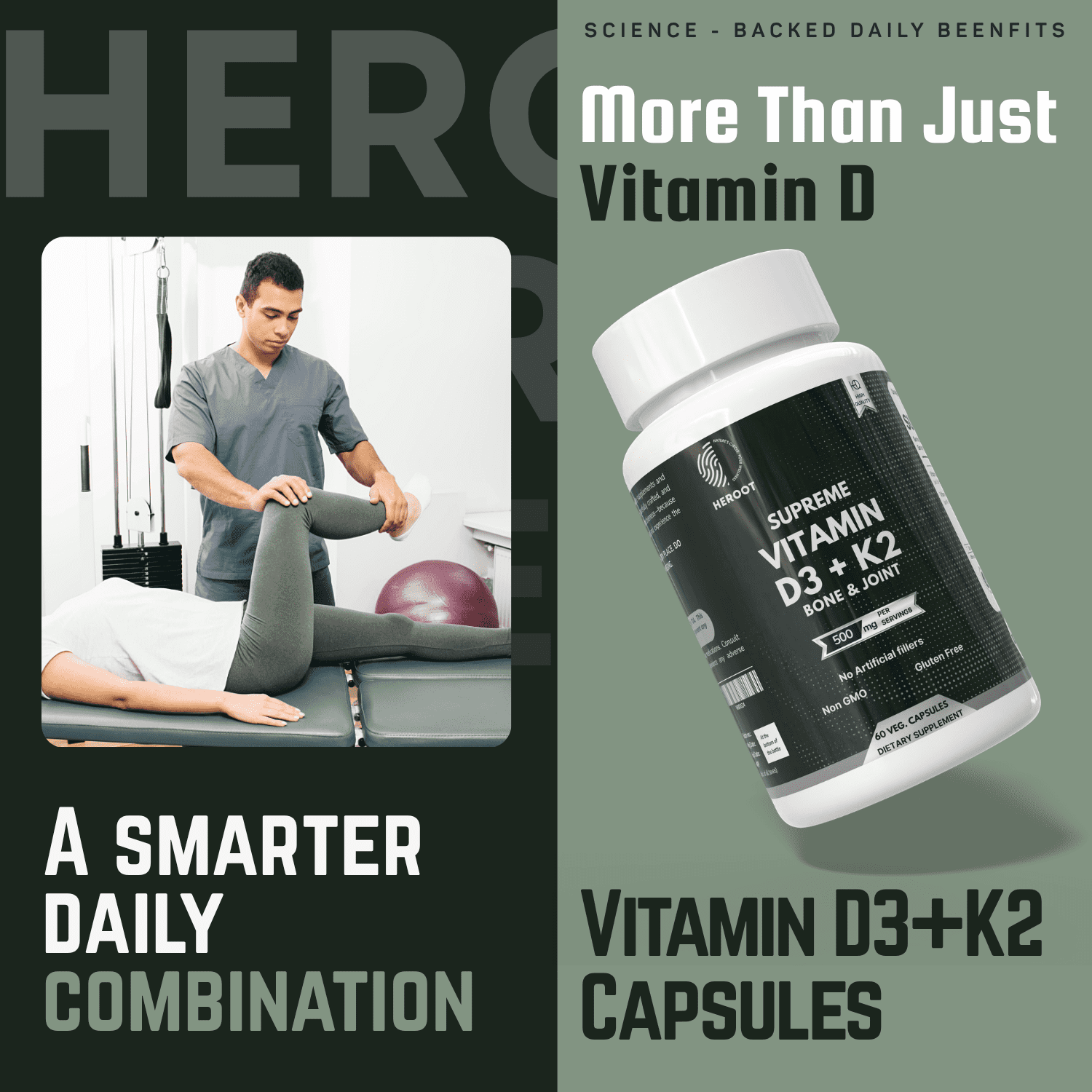 Heroot Vitamin D3 + K2 Capsules | 125 mcg D3 & 100 mcg K2 per Capsule | 120 Veg Capsules | 120 Servings | Daily Supplement