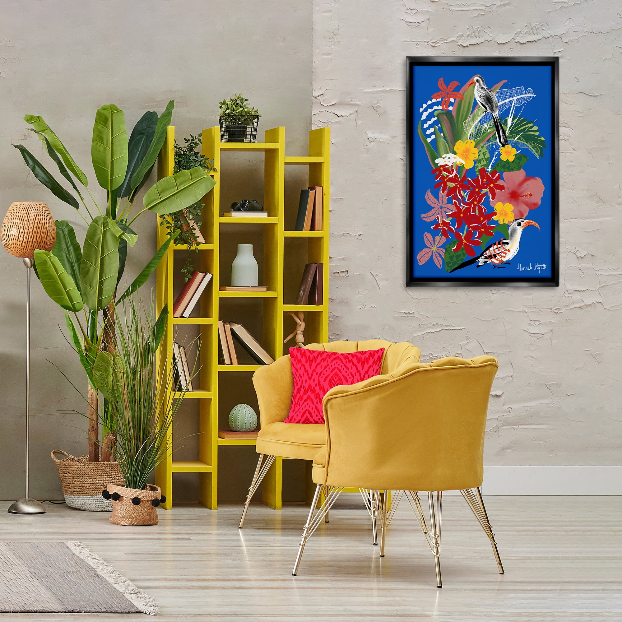 Stupell Industries Gambia Inspired Botanicals Animals Painting Black Floater Framed Canvas Art Print Wall Art, 21 x 31