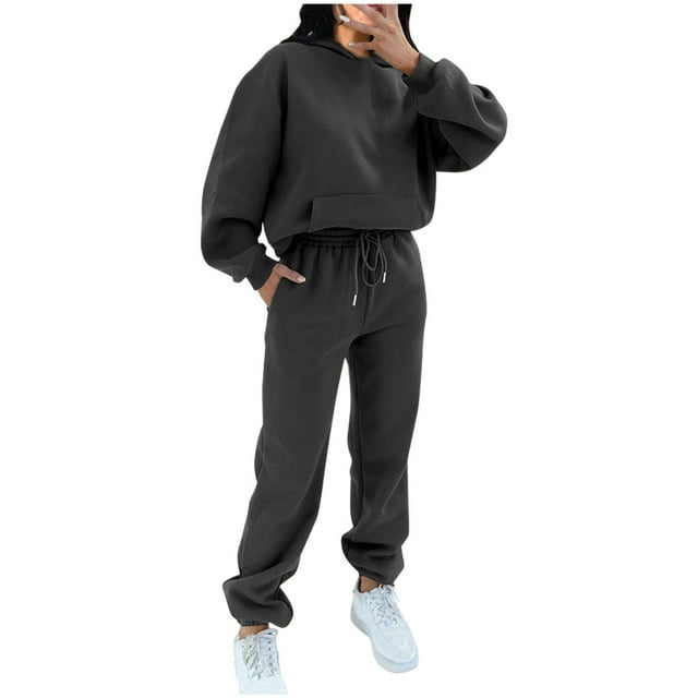 IROINNID Chandail en Molleton pour Femmes Ensemble 2 Pcs avec Poche, Col Rond, Manches Longues + Pantalon, Tenue de Sport, Gris Foncé