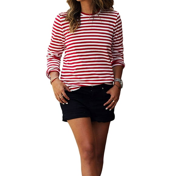 Fortune Women Red Striped Tops Casual Long Sleeve Round Neck Loose T-Shirt