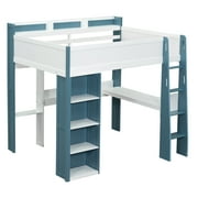 Euroco Wood Full Size Loft Bed with Storage Headboard, Bookcase. Desk and Clothes Hanger for Kids Teens Adults, White&Blue
