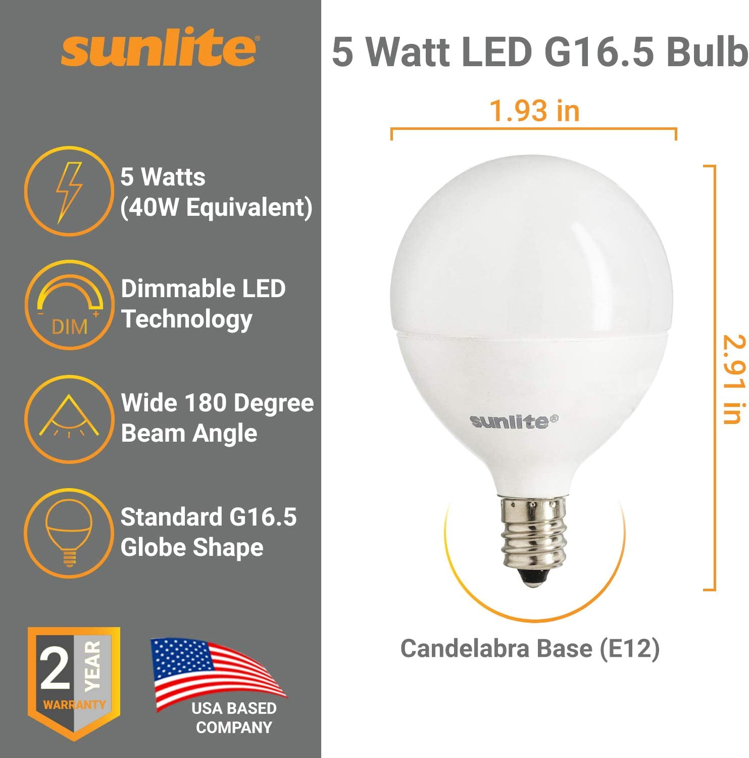 Pack of 6 Sunlite LED G16.5 Globe 5W (40W Equivalent) Light Bulb Candelabra (E12) Base, Warm White