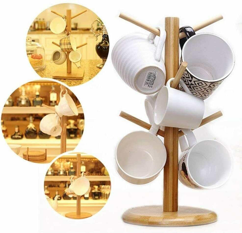 Mug Tree Mug Hanger Stand Coffee Cup Holder with 6 Hooks Wood Coffee Mug Holder for Counter For
