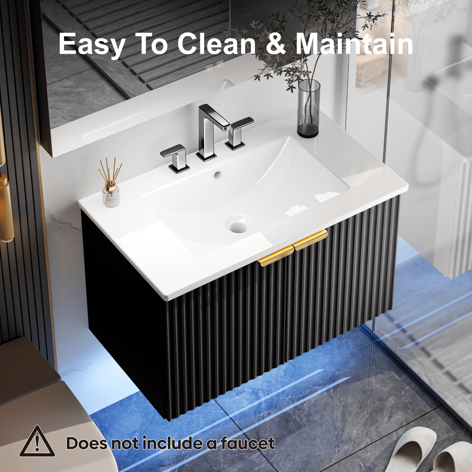 EVOKEDEN 30" Wall Mounted Floating Vanity Cabinet w/ LED Light, Metal Handle & Double Soft-Close Doors, Black