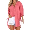 thumbnail image 2 of Mrat Women's Fashion Casual Solid V-Neck Short Sleeve Loose T-Shirt Pullover Tops Beach Wear S-34 Watermelon-Red m, 2 of 5