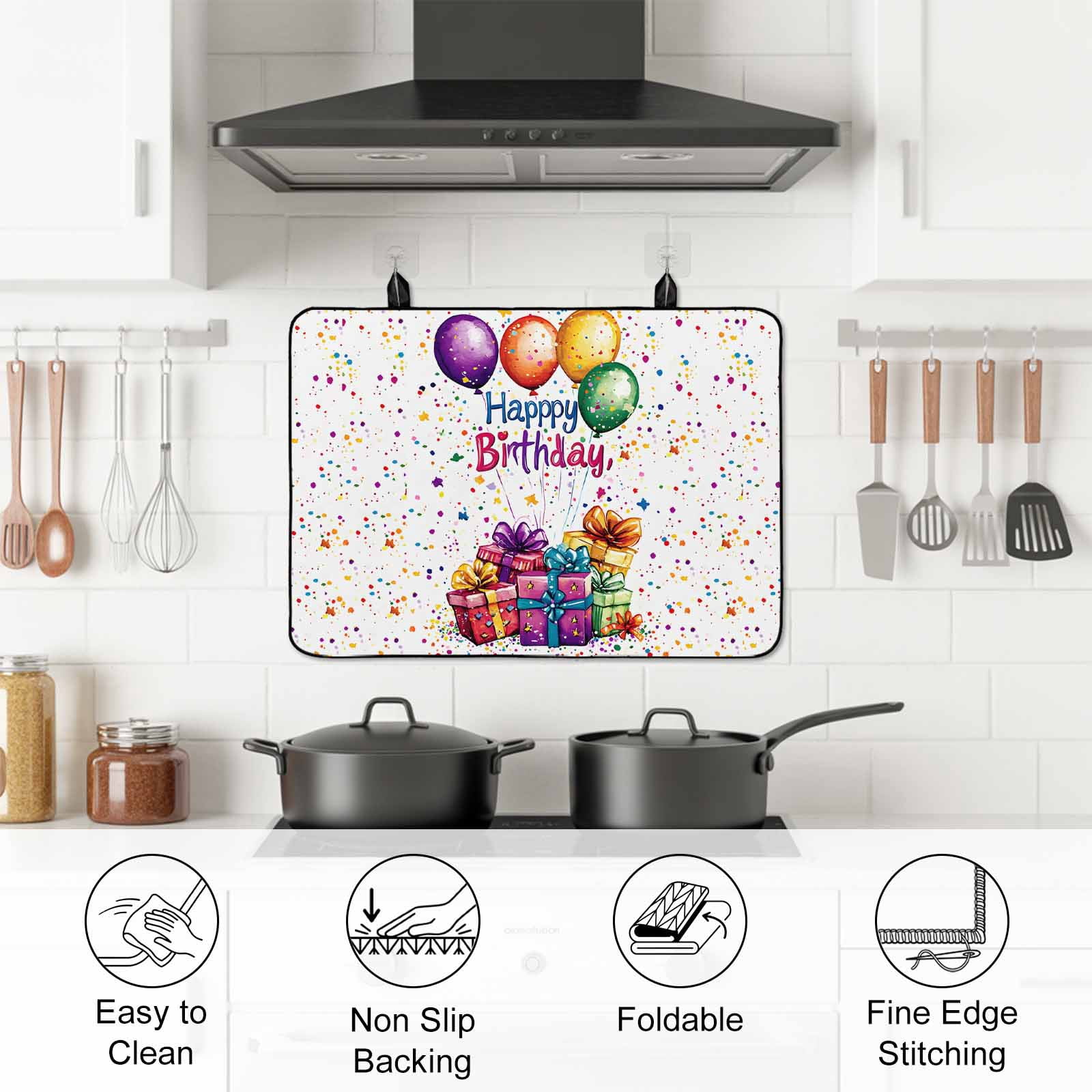 Happy Birthday Stove Top Cover for Electric Stove, Heat-proof & Non Slip Glass Top Stove Cover Protector, Colorful Balloon Gifts Patterns Kitchen Flat Cooktop Rubber Mat 24x21 Inches