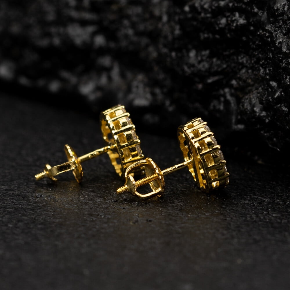 Yellow Gold Plated 925 Sterling Silver Screw Back Post Round Hip hop CZ Cluster Screw Back Circle Shape Ice Out Stud Earrings