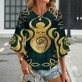 thumbnail image 3 of Riple Goddess With Triskele - Gold On Shimmer Green Women's V-Neck Blouse With 3/4 Ruffled Bell Sleeves Casual Top Ladies Blouses, 3 of 7