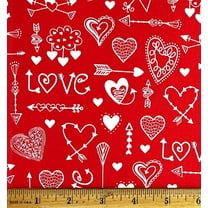 1 Fat Quarter - Love Hearts & Arrows on Red Cotton Fabric - 21" X 18"