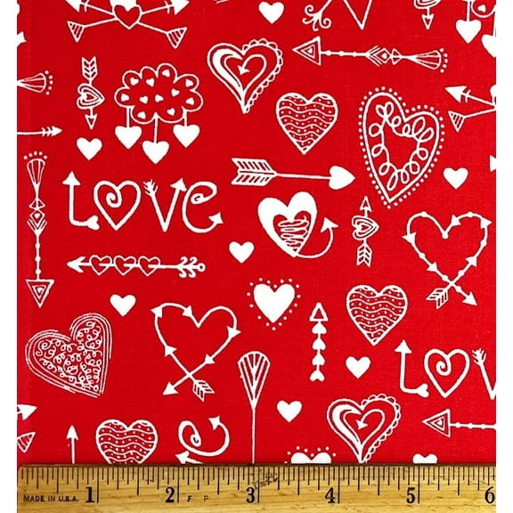 1 Fat Quarter - Love Hearts & Arrows on Red Cotton Fabric - 21" X 18"