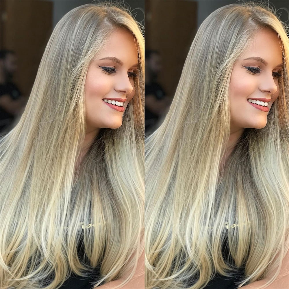 Mscathy Layered Straight Beige Ombre Hightlight Wigs Human Hair Ash Blonde 13x4 HD Transparent Lace Front Wig Human Hair 180% Density Pre Plucked Natural Hairline Remy Human Hair Wig With Baby Hair