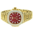 thumbnail image 4 of Men's Solid Steel Red Dial 18K Gold Finish Simulated Diamond 36mm Watch W/Date, 4 of 8