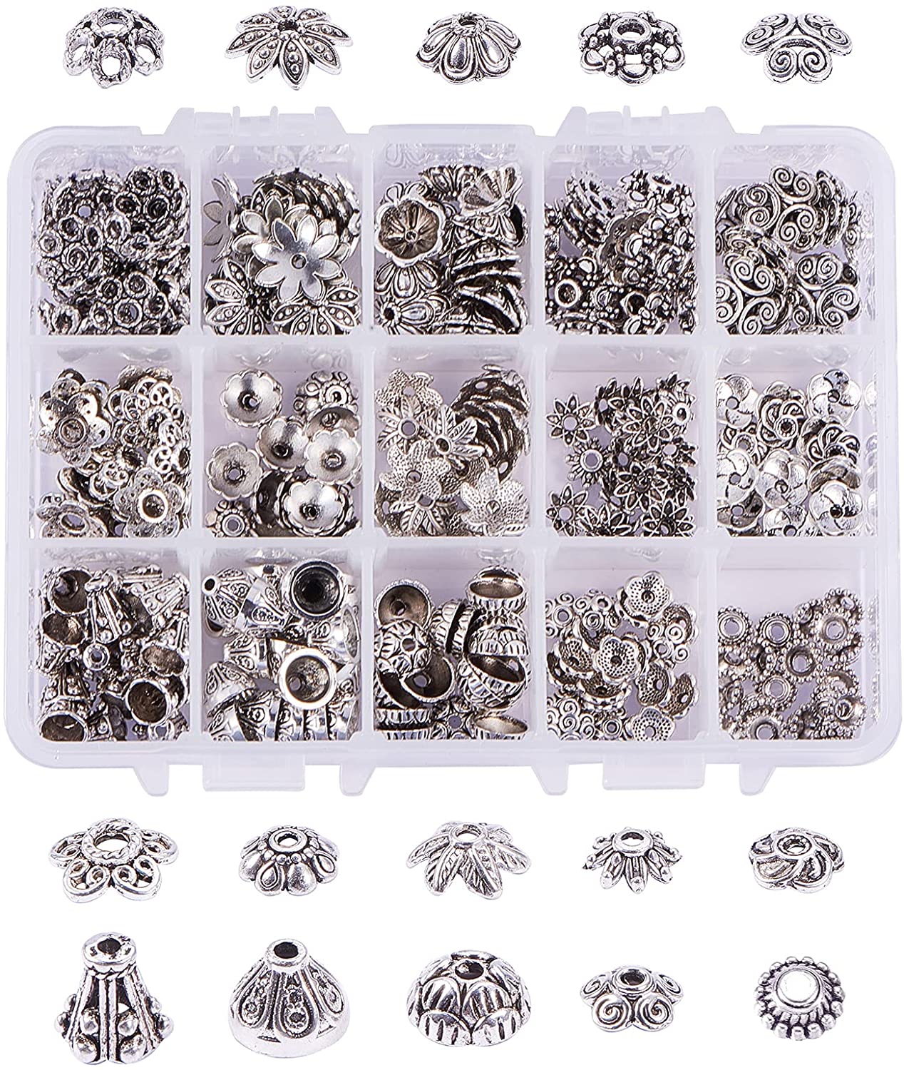 300Pcs Tibetan Style Alloy Flower Bead Caps 15 Styles for Jewelry Making Antique Silver