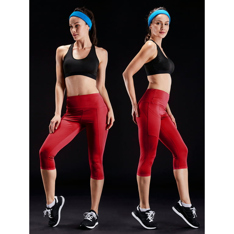 NELEUS Womens Tummy Control High Waist Capri Yoga Leggings with  Pocket,Blue+Wine Red+Rose Red,US Size S