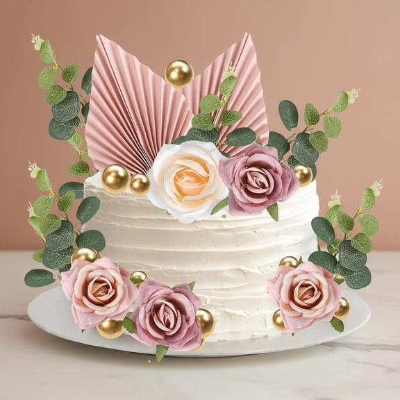 Rose Artificial Flower Leaves Cake Decorations Gold Balloon Paper Palm Fan Cake Toppers for DIY Wedding Birthday Party Cake Decorations
