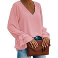 thumbnail image 3 of Blusa De Manga Larga, Camisa Con Cuello En V, Manga Con Volantes, Elegante Color Puro Para Fiestas De Citas ANGGREK Rosa Claro M, 3 of 5