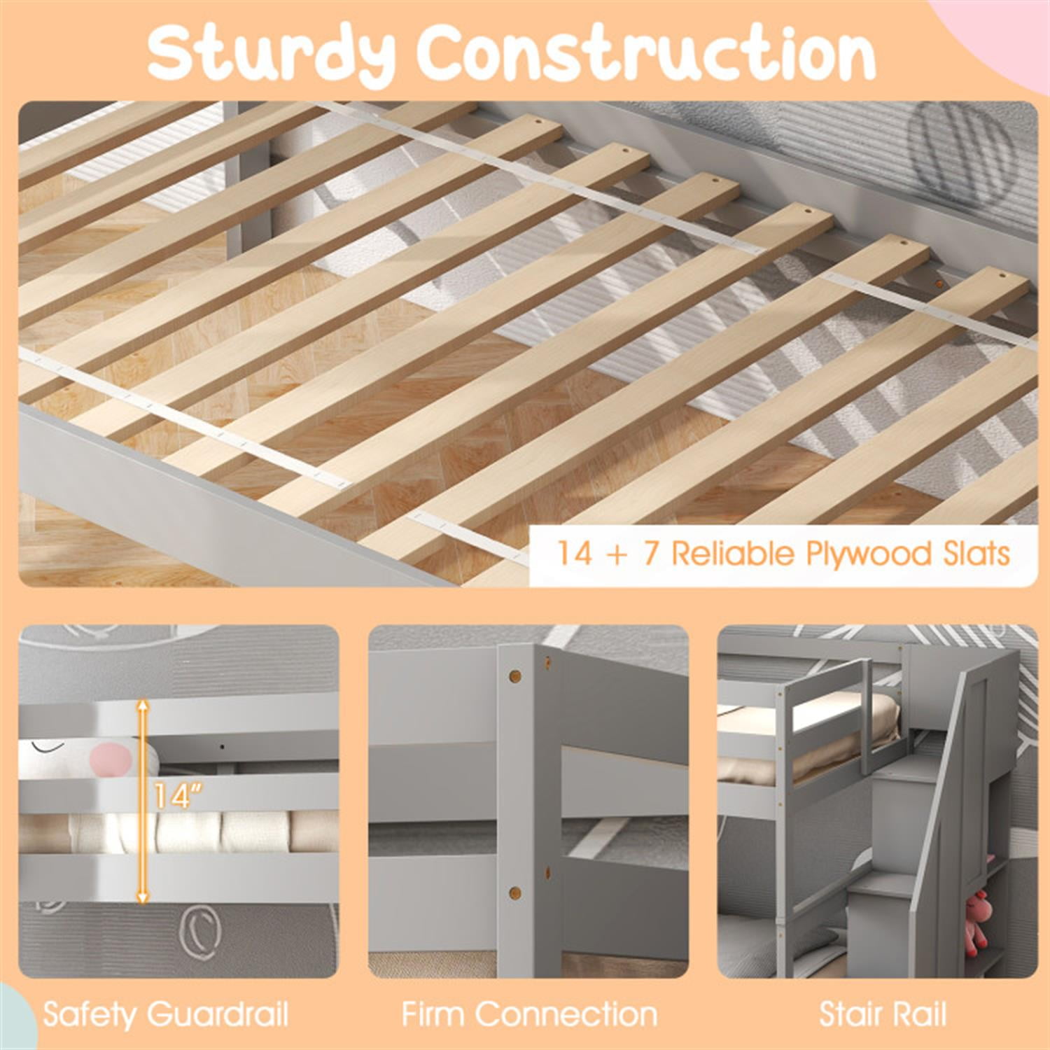 Demi Bonn Home Wood Bunk Bed with Guard Rail and 4-step Storage Stairs, Twin Bunk Beds, No Box Spring Needed, Gray