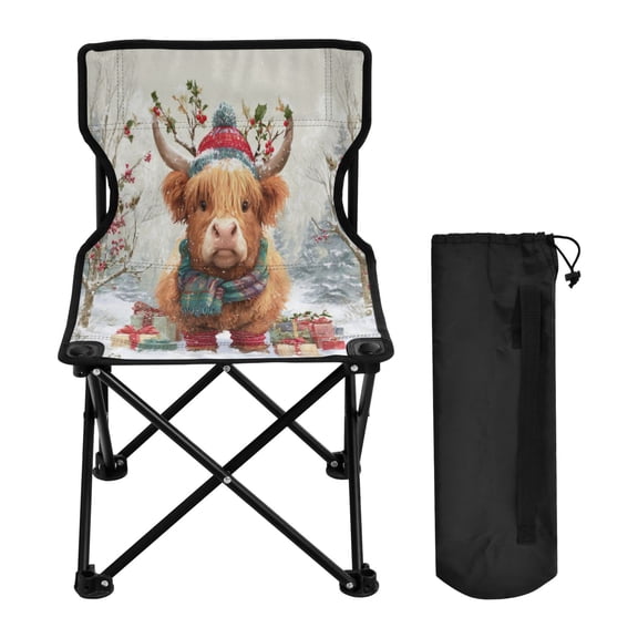 600D Oxford Camping Chair Portable Foldable Chair Supports 220 lbs for Picnic, Fishing, Backpacking Cow Wearing Christmas Hat