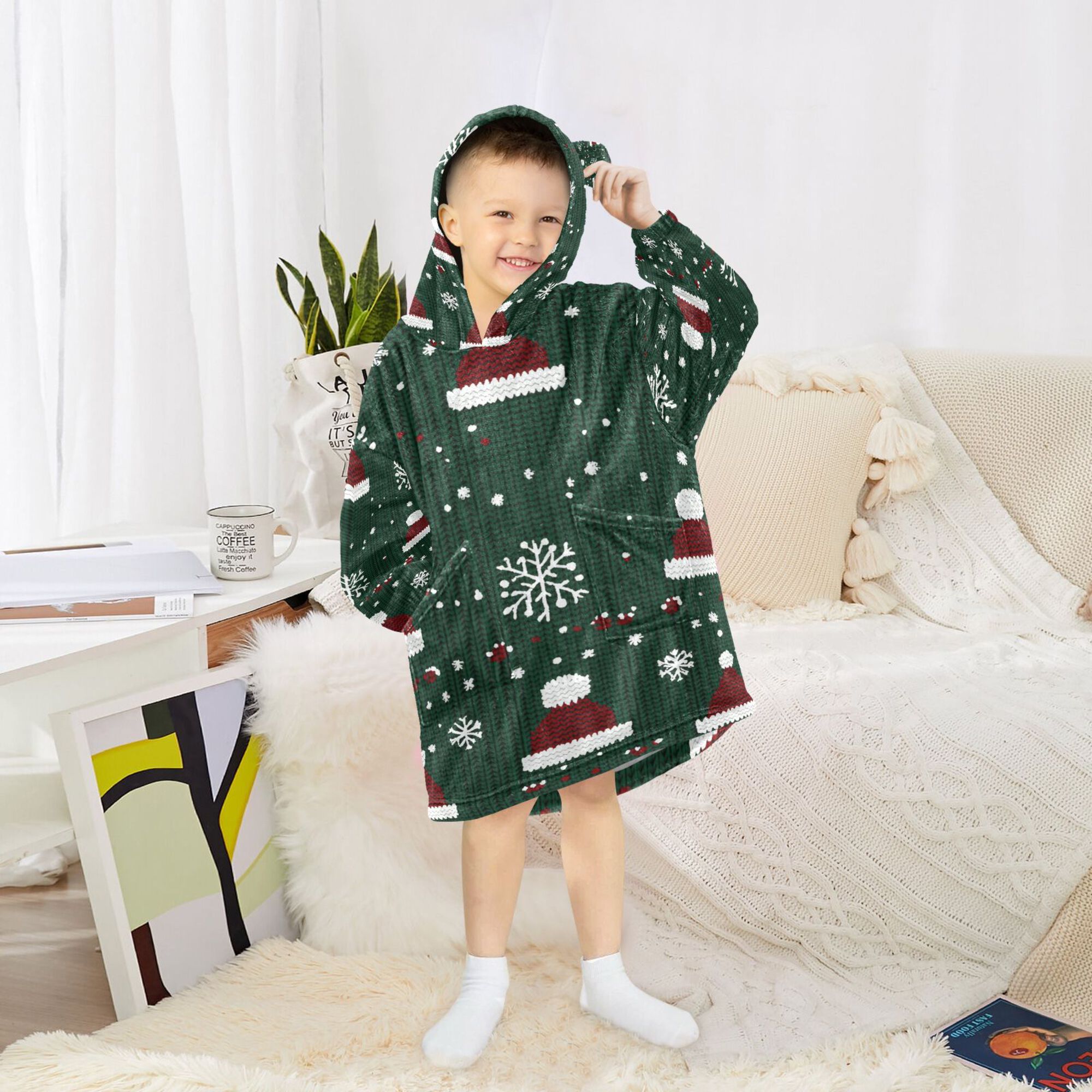 FORMRS Wearable Blanket Hoodie with Sleeves for Kids Cozy Flannel Sweatshirt, Christmas Santa Hats