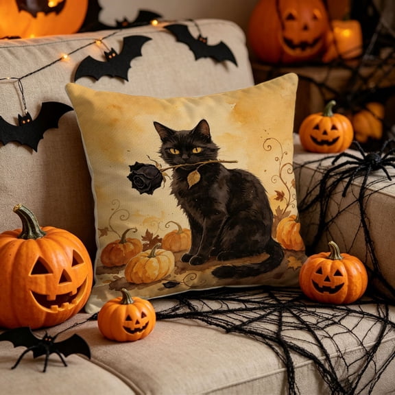 Halloween Pillow Cover, Black Cat Halloween Decor, for Fall Living Room Decor, Farmhouse Living Room Decor, Water-Resistant Linen Pillow Case, 18X18 Inch, Throw Pillow Cover to