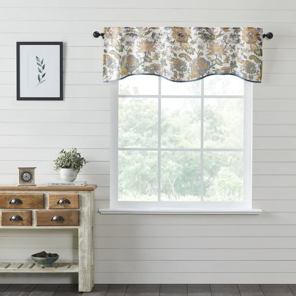 VHC Brands Wilder, Farmhouse Window Valance Curtain, Scalloped, Floral, Blue & Green, 18x60