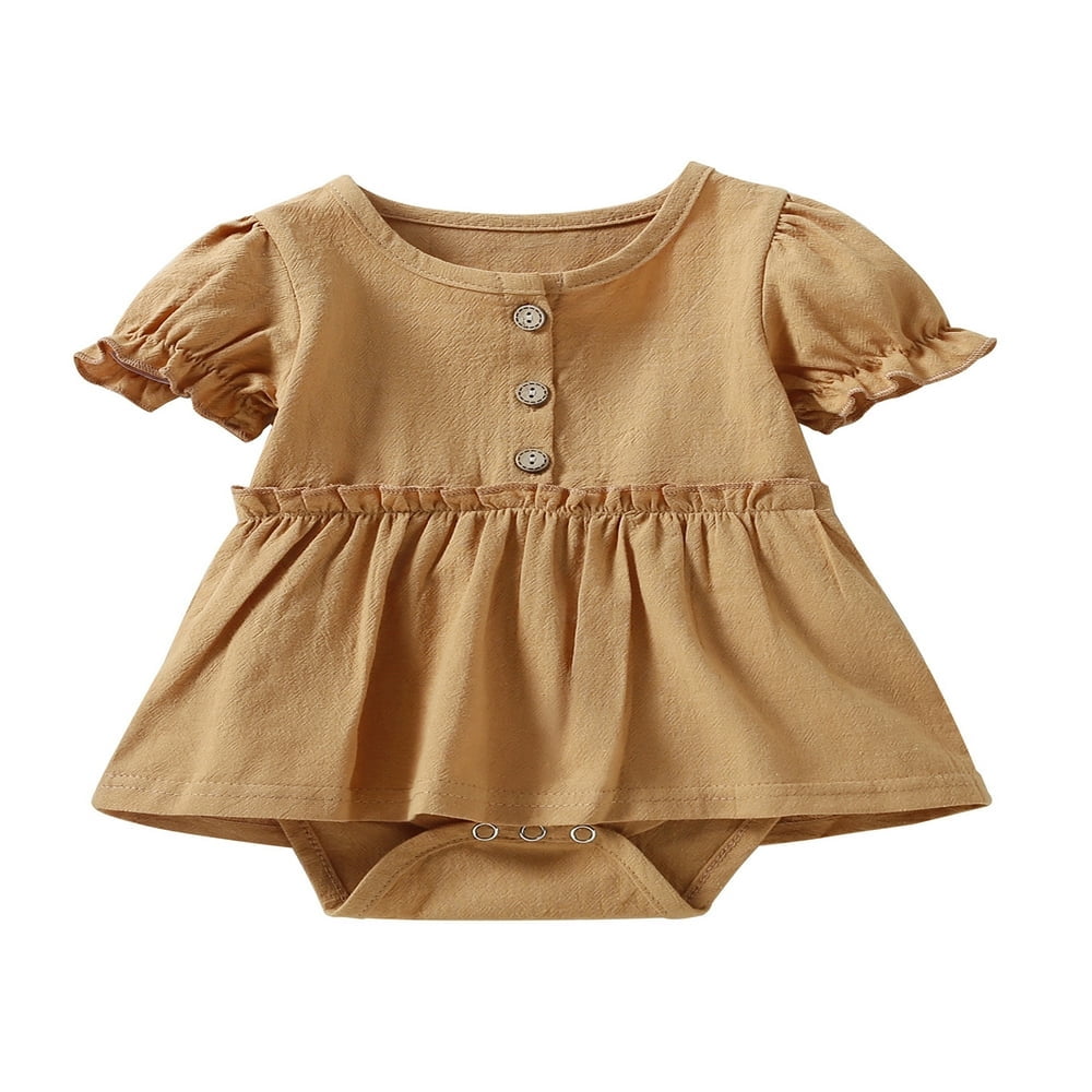 PENGXIANG Newborn Baby Girl Cotton Romper Dress Short Sleeve Solid Color Button Tutu Bodysuit Infant Summer Basic Dress