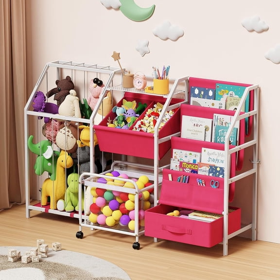 Kids Bookshelf and Toy Storage, Kids Book Shelf for Kids Rooms, Montessori Bookshelf with Toy Storage Organizer, Children Toddler Bookshelf Baby Bookcase for Nursery Bedroom Playroom, Rose