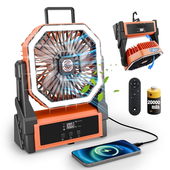 Roykaw 20000 mAH Portable Fan Rechargeable Fan 36 Hrs Work, Battery Powered, Cordless Camping Fan, Ultra-bright LED Lights & Display,w/Hang Hook, for Travel, Fishing, Golfing,Hurricane,Orange