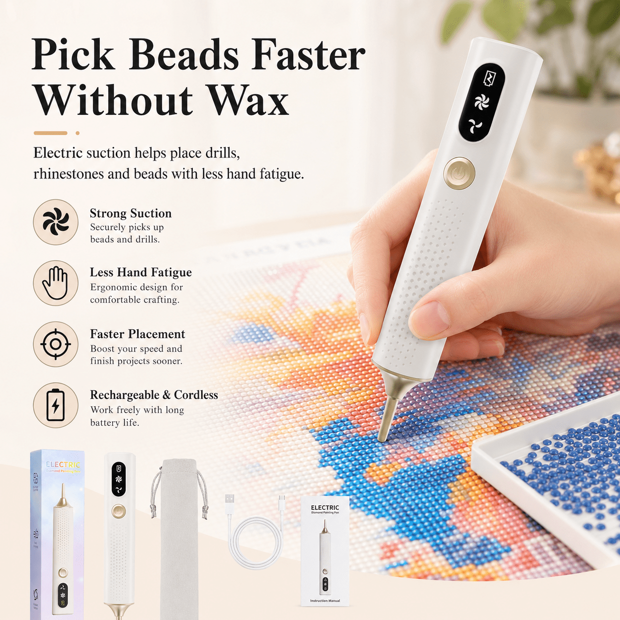 JDMEOPD Electric Diamond Painting Pen, USB Rechargeable Beads Picker Tool with 3 Speed Settings, Wax-Free Rhinestone Pickup Pen for 5D Diamond Art Kits(2PCS)