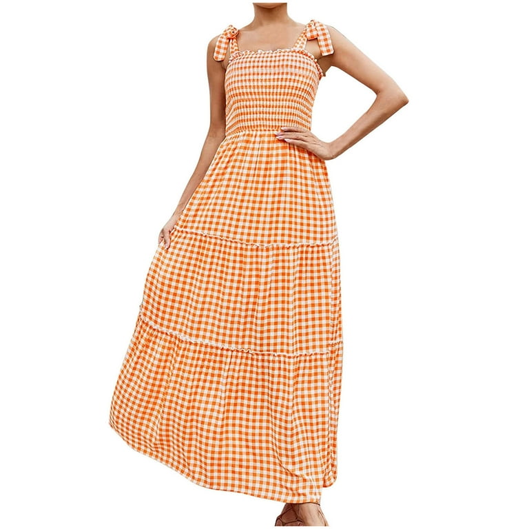 Womens Plaid Maxi Dress Tie Straps Smocked Elastic Tops Tiered Flowy Gingham  Bohemian Casual Summer Sexy Sun Dresses - Walmart.com