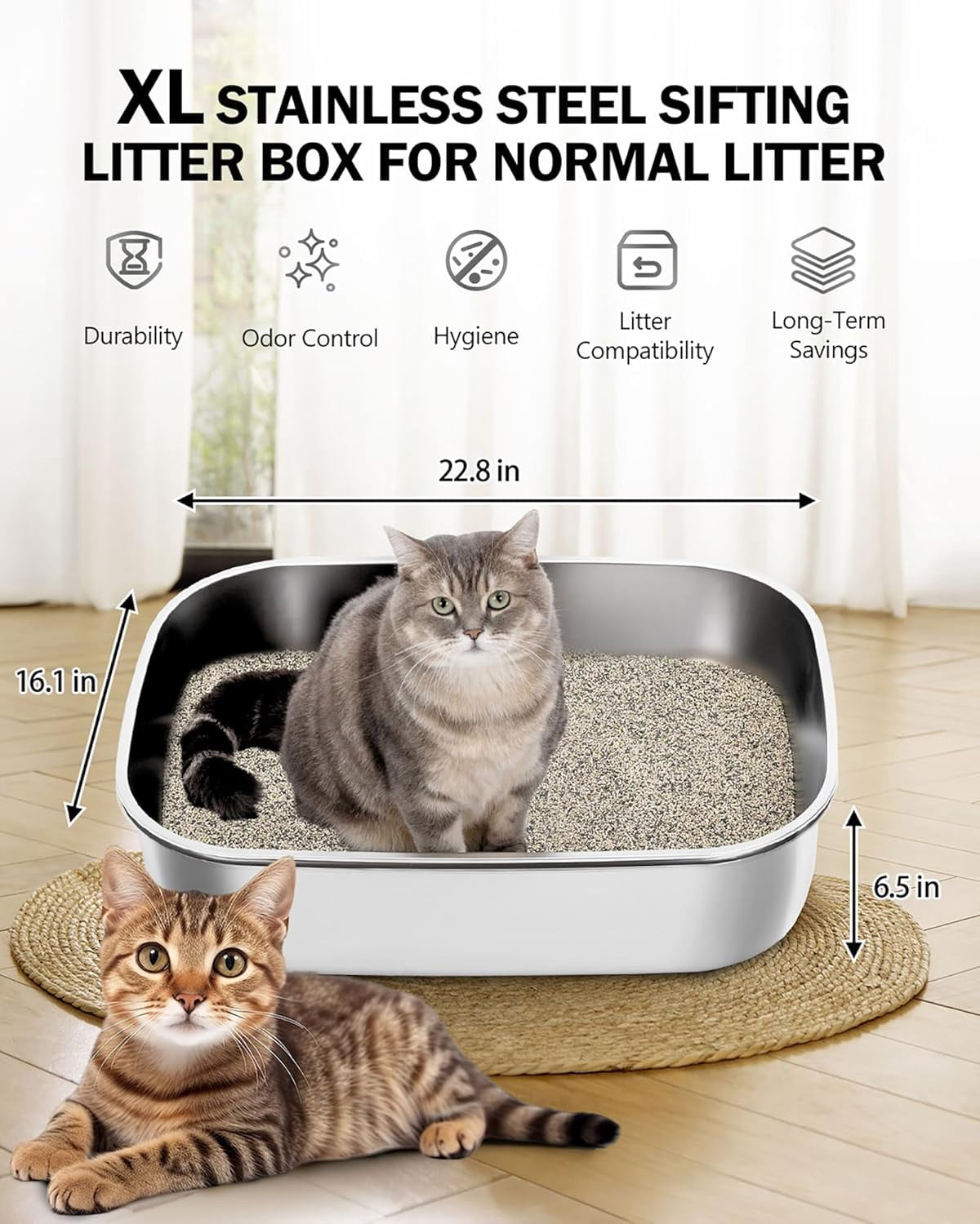 Furrbby Extra Large Open Top Stainless Steel Cat Litter Box, Odor Control Metal Pet Tray, Silver