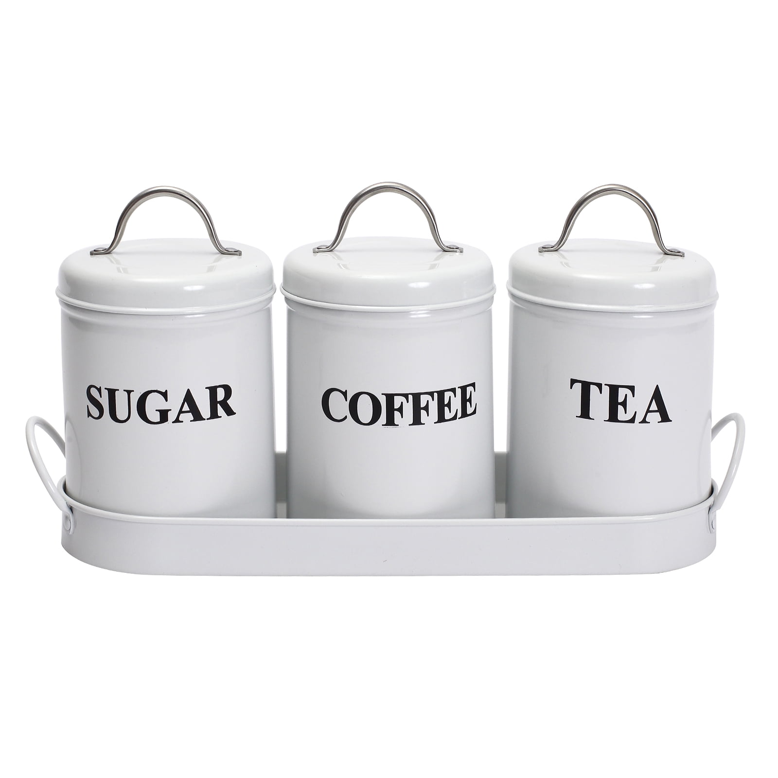 Pethiy Tea Coffee Sugar Canister Set,Airtight Food Storage Canister,Vintage, Farmhouse Metal Containers with Lids, Coffee, Tea, Sugar Set Canister With Tray for Food Storage,3 Pack,White