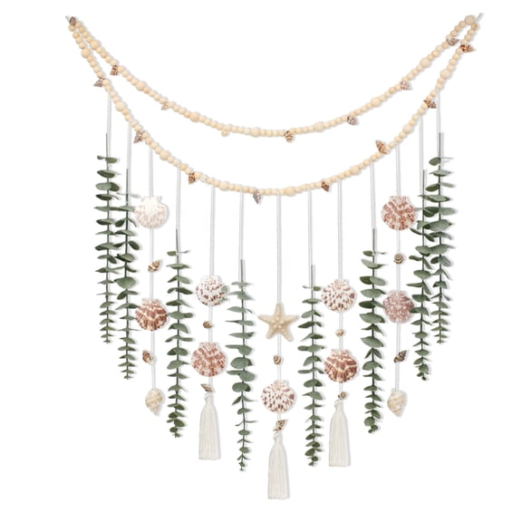 Cyitimo Artificial Eucalyptus Coastal Wall Decor with Real Seashell Hanging Wooden Bead Garland for Large Bedroom Bathroom Living Room, 32 x 32 Inch Sage Green