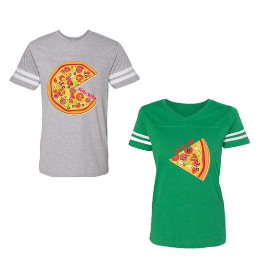 Firts Bite Love at Unisex Couple Matching Cotton Jersey style T-Shirt Contrasting stripes on sleeves (Men Heather / Women Green) (Men M / Women M)