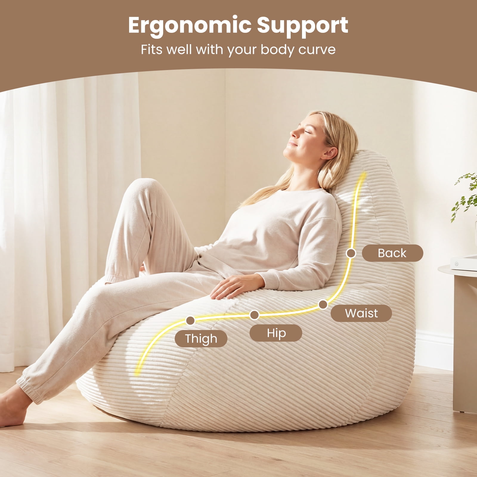 Costway Bean Bag Chair for Adults with Skin-friendly Corduroy Cover & Soft Sponge Filling Beige