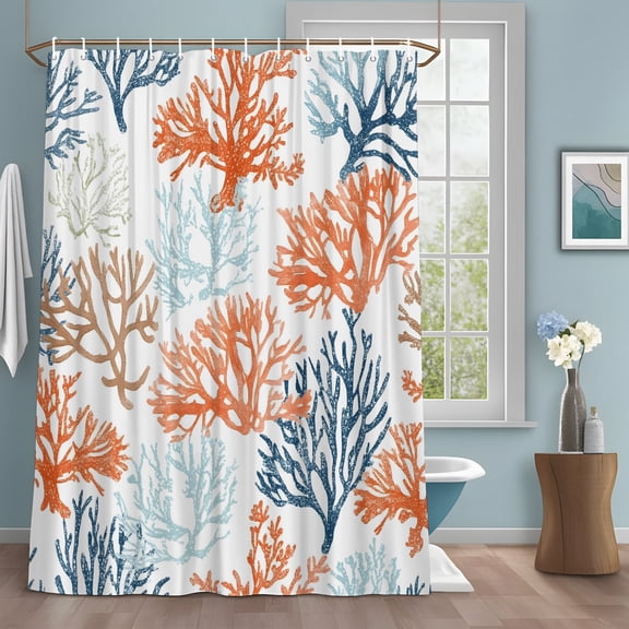 Ashveil Wind Summer Ocean Shower Curtain Set with Hooks, Orange Teal Blue Coral Coastal Nautical Water Repellent Shower Curtains for Bathroom Decor Sturdy Shower Curtain, Machine Washable 72x72 Inch