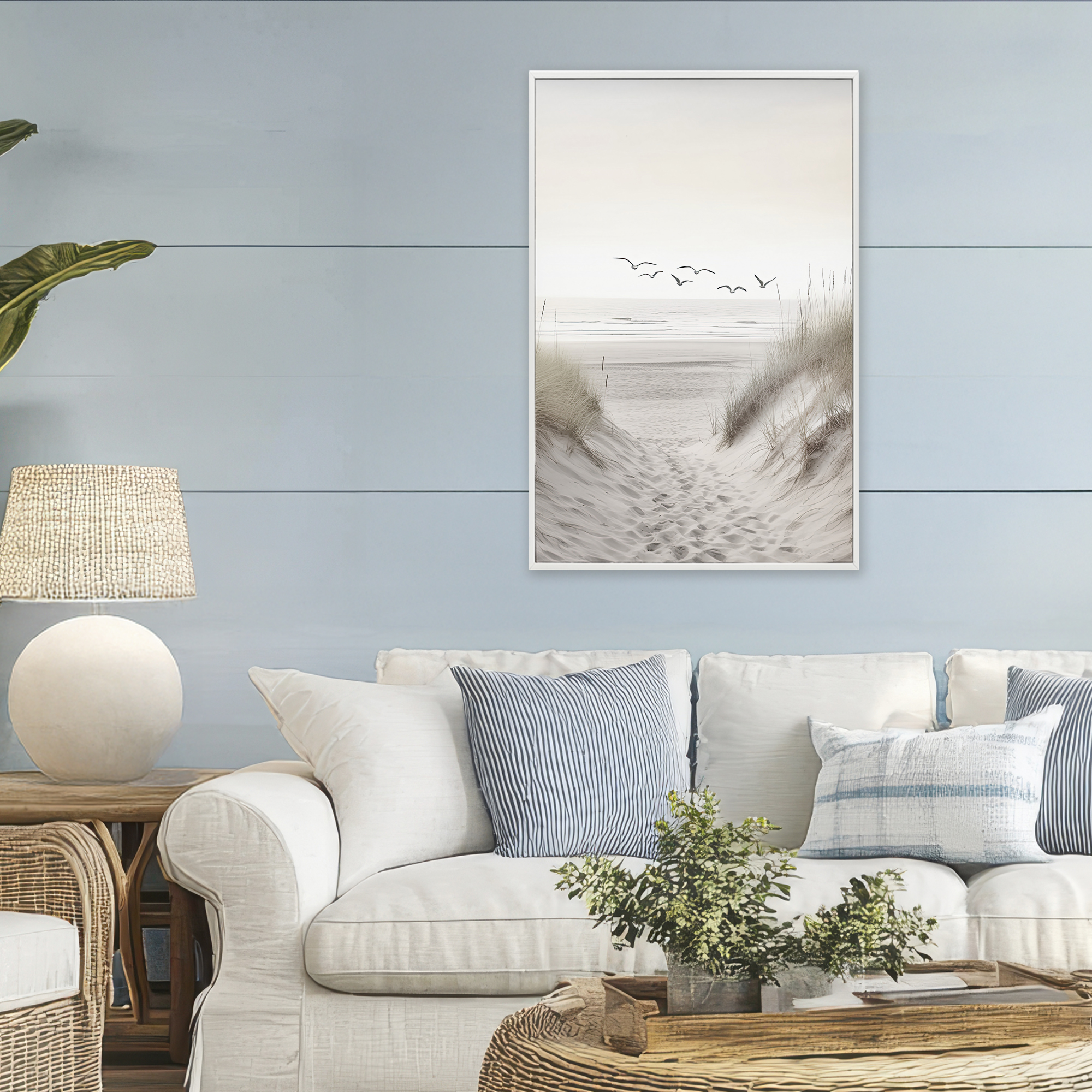 Seagulls over Sandy Footprints White Framed Giclee Art, design by Decent Exposures